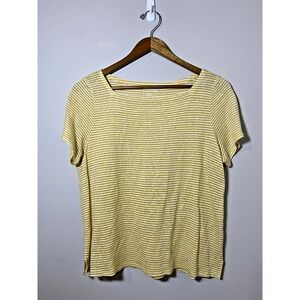 Eileen Fisher Top Womens MEDIUM‎ Yellow Striped Organic Linen Short Sleeve Shirt